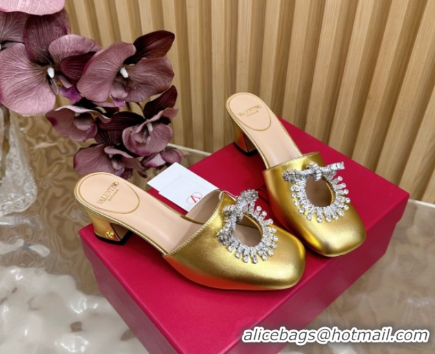 Good Product Valentino Strass Embellished Heel Mules 5.5cm in Calfskin Leather Gold 2025 VLTN121509 51215119