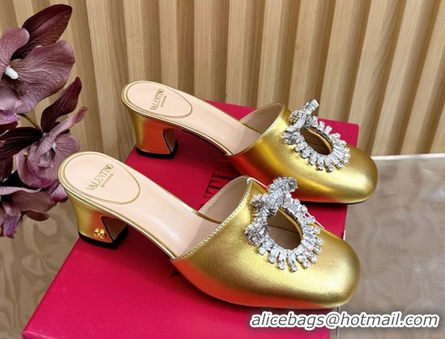 Good Product Valentino Strass Embellished Heel Mules 5.5cm in Calfskin Leather Gold 2025 VLTN121509 51215119