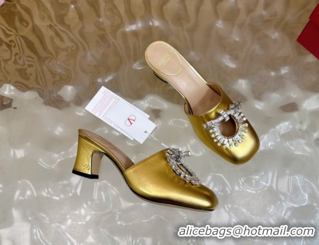 Good Product Valentino Strass Embellished Heel Mules 5.5cm in Calfskin Leather Gold 2025 VLTN121509 51215119