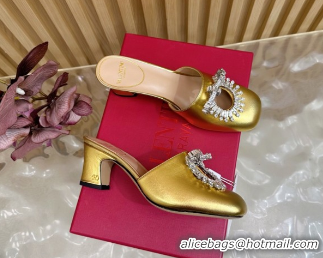 Good Product Valentino Strass Embellished Heel Mules 5.5cm in Calfskin Leather Gold 2025 VLTN121509 51215119