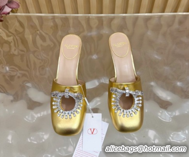Good Product Valentino Strass Embellished Heel Mules 5.5cm in Calfskin Leather Gold 2025 VLTN121509 51215119