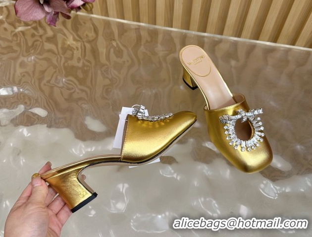 Good Product Valentino Strass Embellished Heel Mules 5.5cm in Calfskin Leather Gold 2025 VLTN121509 51215119