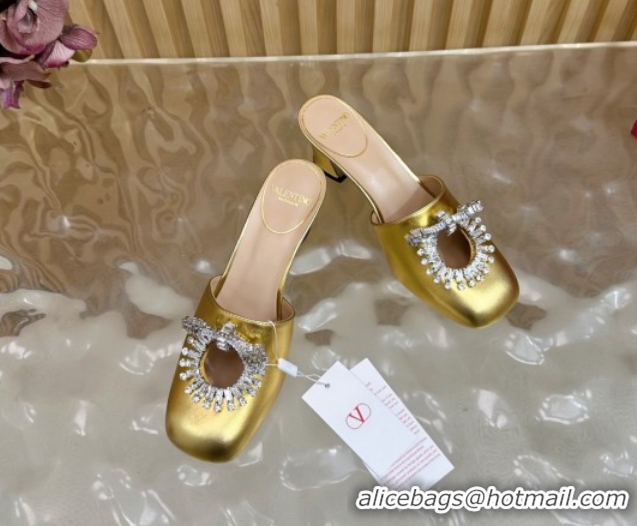Good Product Valentino Strass Embellished Heel Mules 5.5cm in Calfskin Leather Gold 2025 VLTN121509 51215119