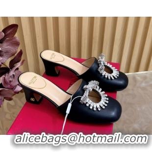 Luxury Discount Valentino Strass Embellished Heel Mules 5.5cm in Calfskin Leather Black VLTN121509 51215120