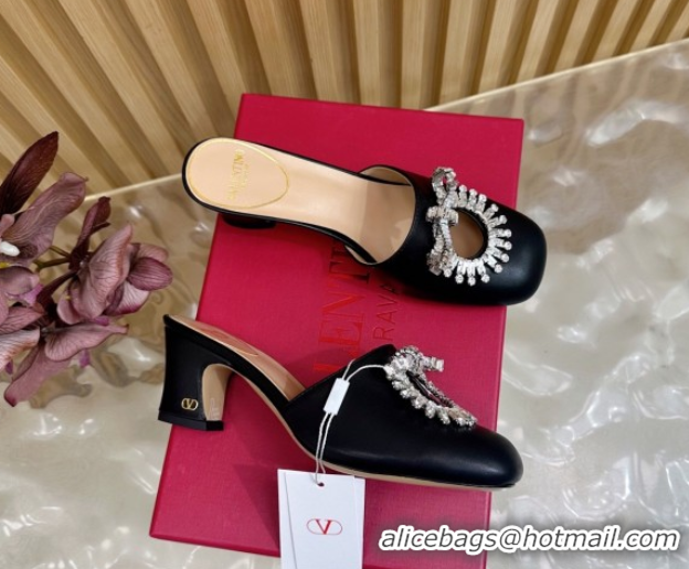 Luxury Discount Valentino Strass Embellished Heel Mules 5.5cm in Calfskin Leather Black VLTN121509 51215120
