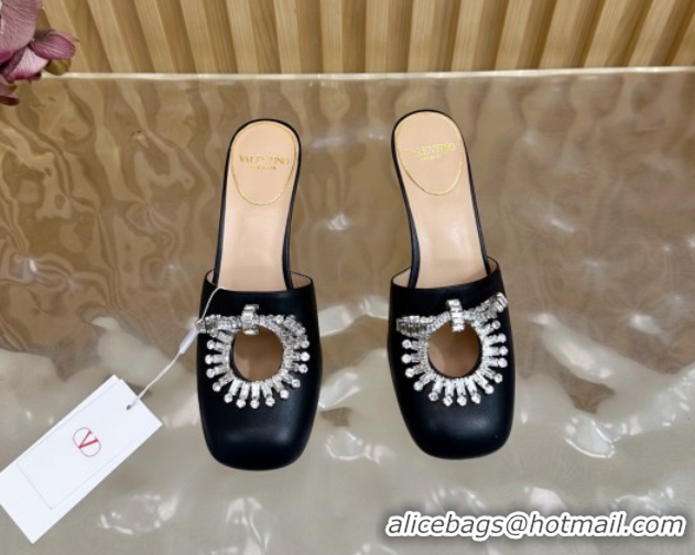 Luxury Discount Valentino Strass Embellished Heel Mules 5.5cm in Calfskin Leather Black VLTN121509 51215120