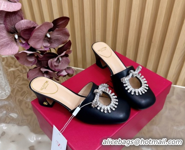 Luxury Discount Valentino Strass Embellished Heel Mules 5.5cm in Calfskin Leather Black VLTN121509 51215120
