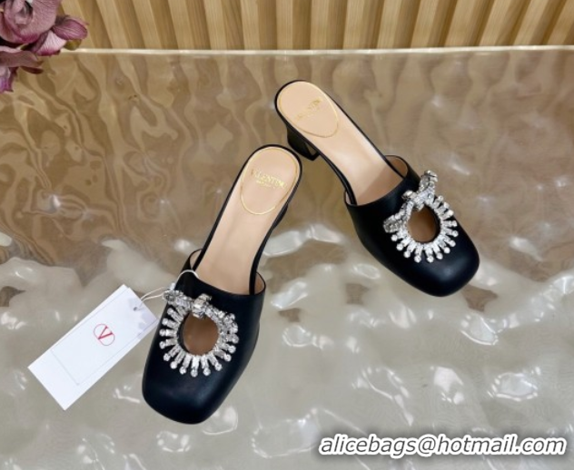 Luxury Discount Valentino Strass Embellished Heel Mules 5.5cm in Calfskin Leather Black VLTN121509 51215120