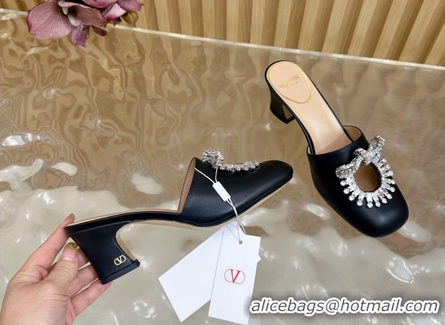 Luxury Discount Valentino Strass Embellished Heel Mules 5.5cm in Calfskin Leather Black VLTN121509 51215120