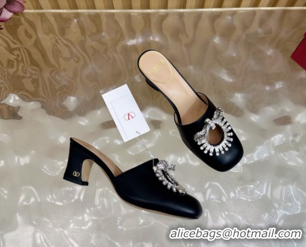 Luxury Discount Valentino Strass Embellished Heel Mules 5.5cm in Calfskin Leather Black VLTN121509 51215120
