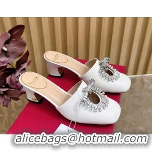 Luxury Valentino Strass Embellished Heel Mules 5.5cm in Calfskin Leather White 2025 VLTN121509 1215121