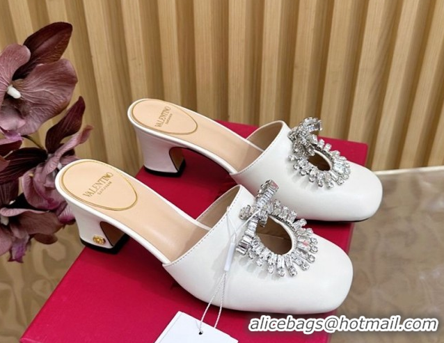 Luxury Valentino Strass Embellished Heel Mules 5.5cm in Calfskin Leather White 2025 VLTN121509 1215121
