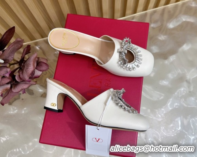 Luxury Valentino Strass Embellished Heel Mules 5.5cm in Calfskin Leather White 2025 VLTN121509 1215121
