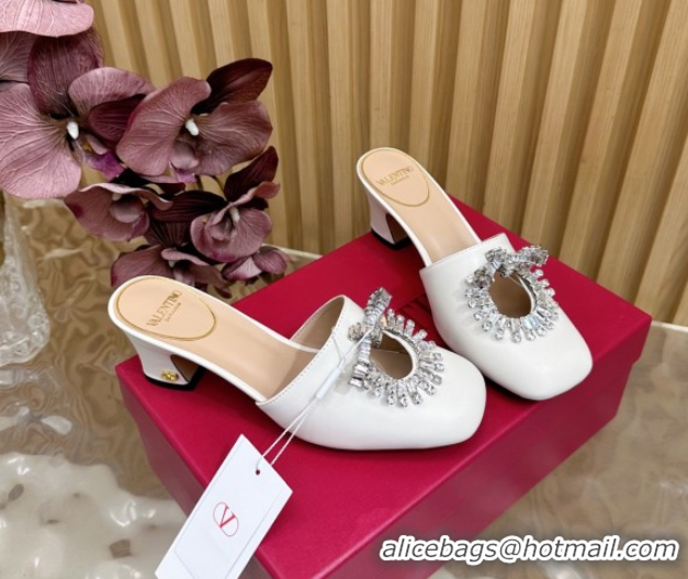 Luxury Valentino Strass Embellished Heel Mules 5.5cm in Calfskin Leather White 2025 VLTN121509 1215121