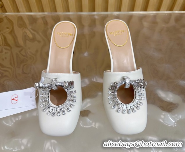 Luxury Valentino Strass Embellished Heel Mules 5.5cm in Calfskin Leather White 2025 VLTN121509 1215121