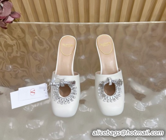 Luxury Valentino Strass Embellished Heel Mules 5.5cm in Calfskin Leather White 2025 VLTN121509 1215121