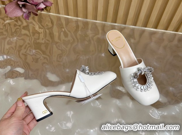 Luxury Valentino Strass Embellished Heel Mules 5.5cm in Calfskin Leather White 2025 VLTN121509 1215121