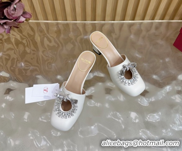 Luxury Valentino Strass Embellished Heel Mules 5.5cm in Calfskin Leather White 2025 VLTN121509 1215121
