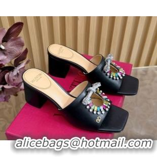 Best Product Valentino Strass Embellished Heel Slides Sandal 6cm in Calfskin Leather Black/Multicolor VLTN121509 5121512