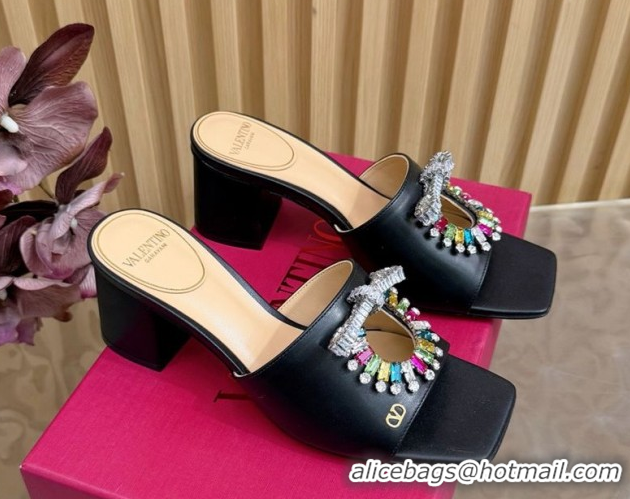 Best Product Valentino Strass Embellished Heel Slides Sandal 6cm in Calfskin Leather Black/Multicolor VLTN121509 5121512