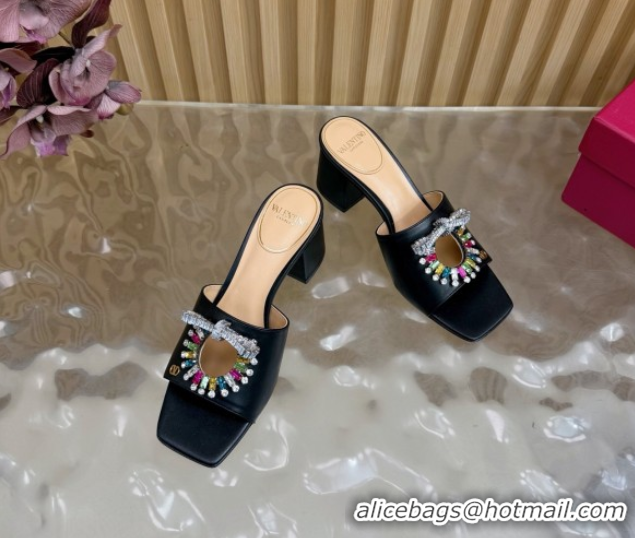 Best Product Valentino Strass Embellished Heel Slides Sandal 6cm in Calfskin Leather Black/Multicolor VLTN121509 5121512