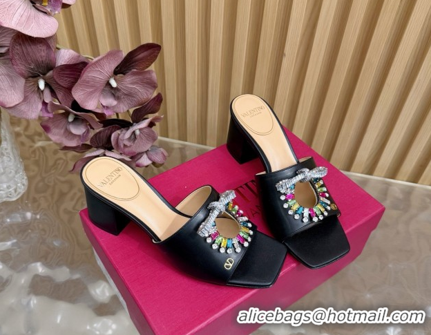 Best Product Valentino Strass Embellished Heel Slides Sandal 6cm in Calfskin Leather Black/Multicolor VLTN121509 5121512