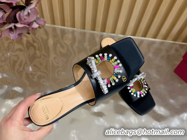 Best Product Valentino Strass Embellished Heel Slides Sandal 6cm in Calfskin Leather Black/Multicolor VLTN121509 5121512