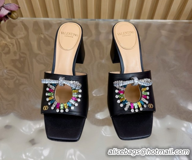 Best Product Valentino Strass Embellished Heel Slides Sandal 6cm in Calfskin Leather Black/Multicolor VLTN121509 5121512