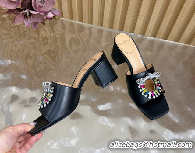 Best Product Valentino Strass Embellished Heel Slides Sandal 6cm in Calfskin Leather Black/Multicolor VLTN121509 5121512
