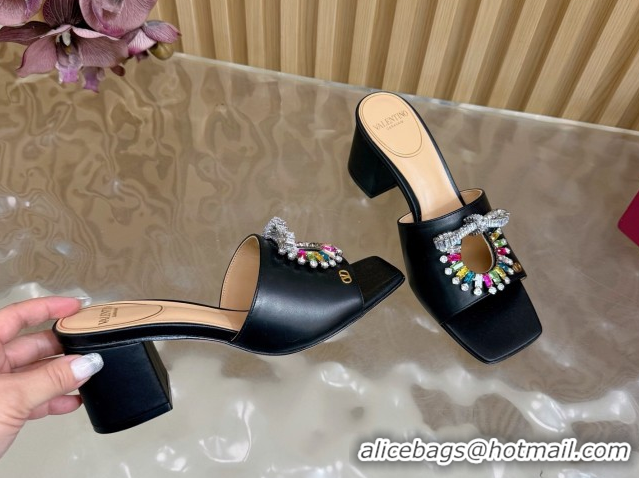 Best Product Valentino Strass Embellished Heel Slides Sandal 6cm in Calfskin Leather Black/Multicolor VLTN121509 5121512
