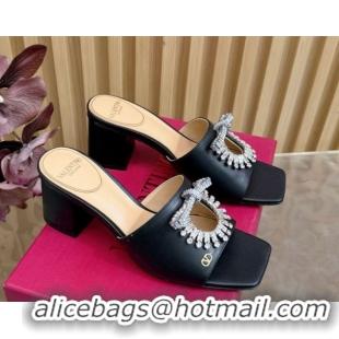 Good Quality Valentino Strass Embellished Heel Slides Sandal 6cm in Calfskin Leather Black2 2025 VLTN121509 51215123