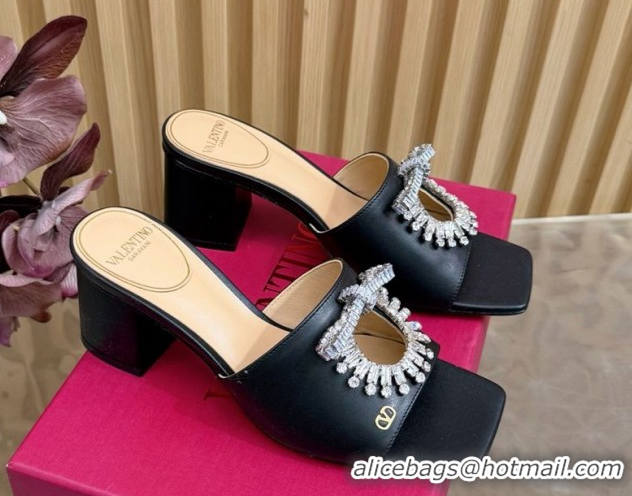 Good Quality Valentino Strass Embellished Heel Slides Sandal 6cm in Calfskin Leather Black2 2025 VLTN121509 51215123