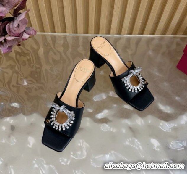 Good Quality Valentino Strass Embellished Heel Slides Sandal 6cm in Calfskin Leather Black2 2025 VLTN121509 51215123