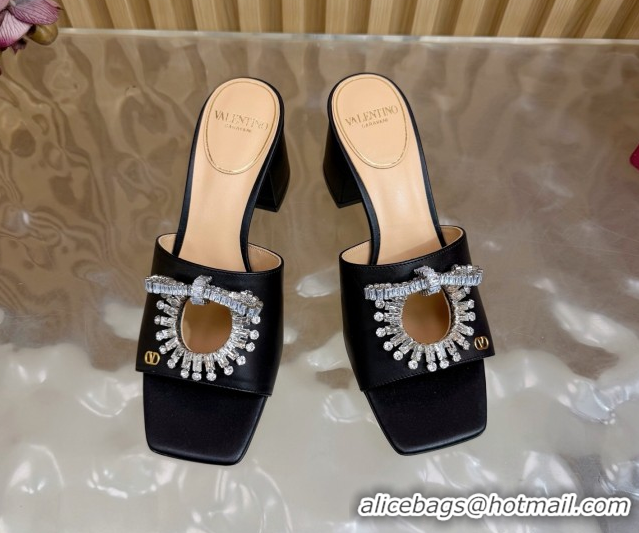 Good Quality Valentino Strass Embellished Heel Slides Sandal 6cm in Calfskin Leather Black2 2025 VLTN121509 51215123