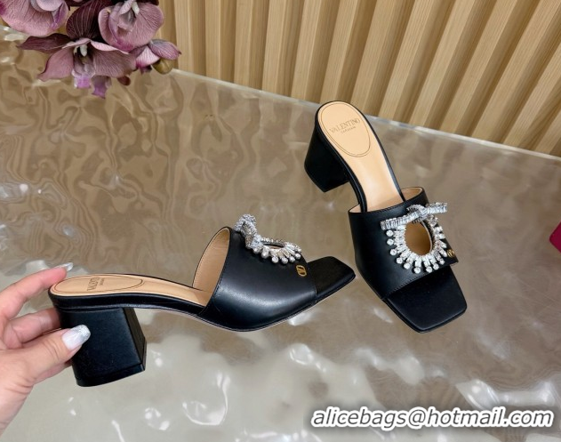Good Quality Valentino Strass Embellished Heel Slides Sandal 6cm in Calfskin Leather Black2 2025 VLTN121509 51215123
