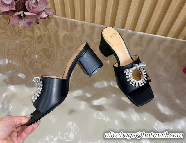 Good Quality Valentino Strass Embellished Heel Slides Sandal 6cm in Calfskin Leather Black2 2025 VLTN121509 51215123