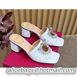 Good Looking Valentino Strass Embellished Heel Slides Sandal 6cm in Calfskin Leather White VLTN121509 51215124