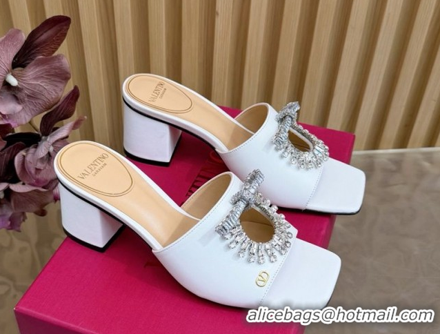 Good Looking Valentino Strass Embellished Heel Slides Sandal 6cm in Calfskin Leather White VLTN121509 51215124