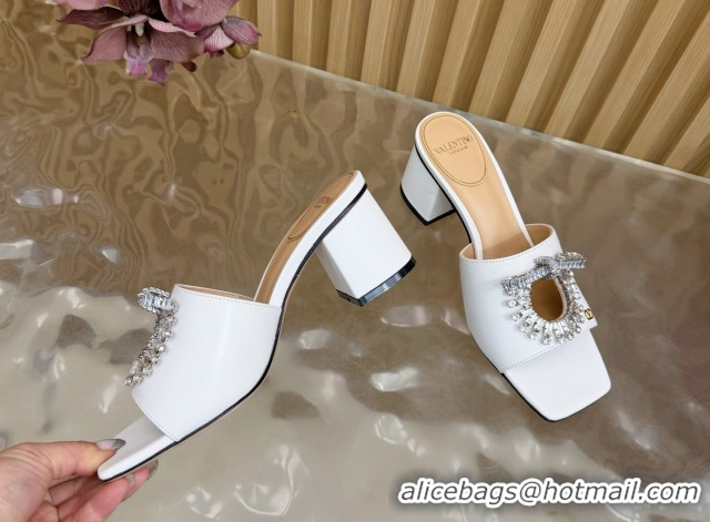 Good Looking Valentino Strass Embellished Heel Slides Sandal 6cm in Calfskin Leather White VLTN121509 51215124