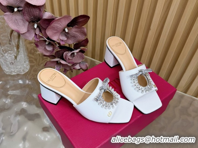 Good Looking Valentino Strass Embellished Heel Slides Sandal 6cm in Calfskin Leather White VLTN121509 51215124