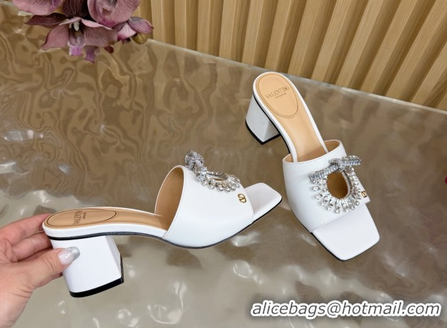 Good Looking Valentino Strass Embellished Heel Slides Sandal 6cm in Calfskin Leather White VLTN121509 51215124