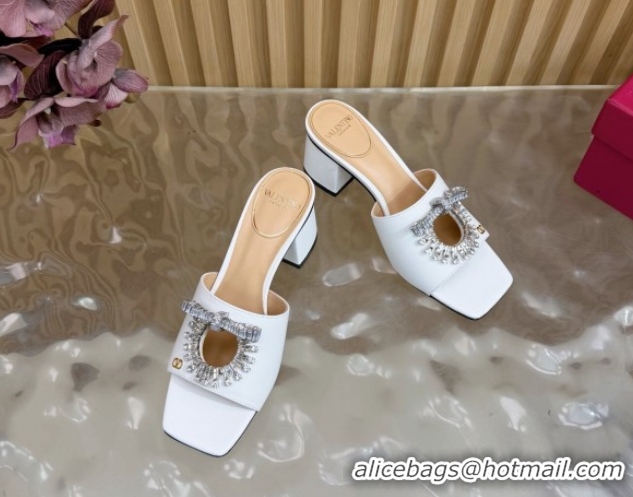 Good Looking Valentino Strass Embellished Heel Slides Sandal 6cm in Calfskin Leather White VLTN121509 51215124