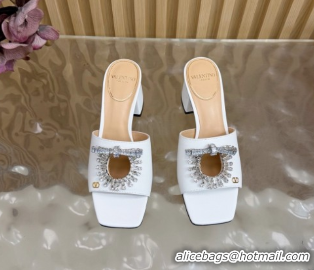 Good Looking Valentino Strass Embellished Heel Slides Sandal 6cm in Calfskin Leather White VLTN121509 51215124