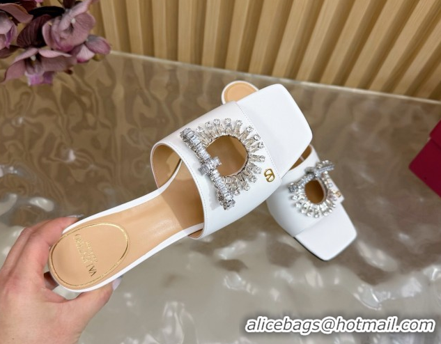 Good Looking Valentino Strass Embellished Heel Slides Sandal 6cm in Calfskin Leather White VLTN121509 51215124