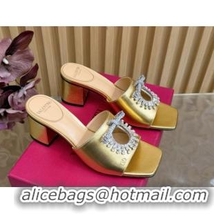 Charming Valentino Strass Embellished Heel Slides Sandal 6cm in Calfskin Leather Gold VLTN121509 51215125