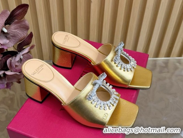 Charming Valentino Strass Embellished Heel Slides Sandal 6cm in Calfskin Leather Gold VLTN121509 51215125