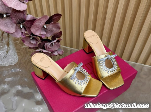 Charming Valentino Strass Embellished Heel Slides Sandal 6cm in Calfskin Leather Gold VLTN121509 51215125