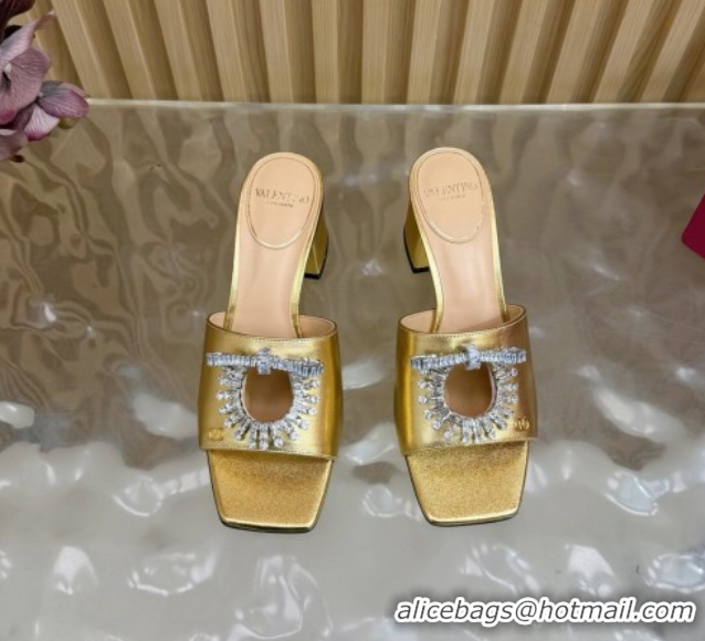 Charming Valentino Strass Embellished Heel Slides Sandal 6cm in Calfskin Leather Gold VLTN121509 51215125