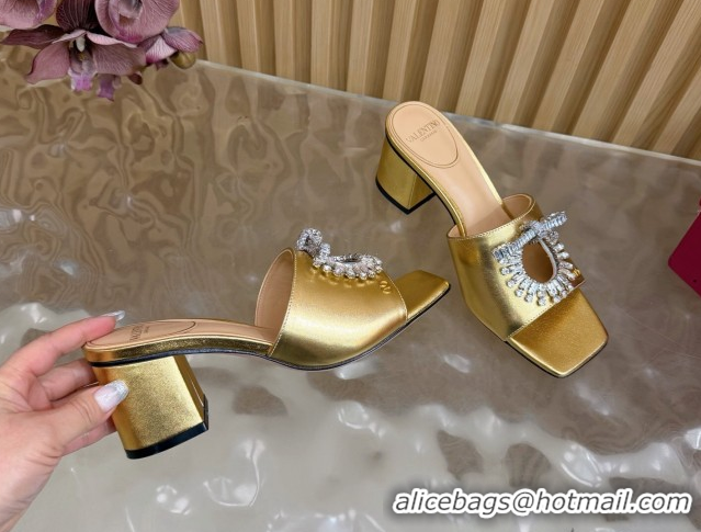 Charming Valentino Strass Embellished Heel Slides Sandal 6cm in Calfskin Leather Gold VLTN121509 51215125