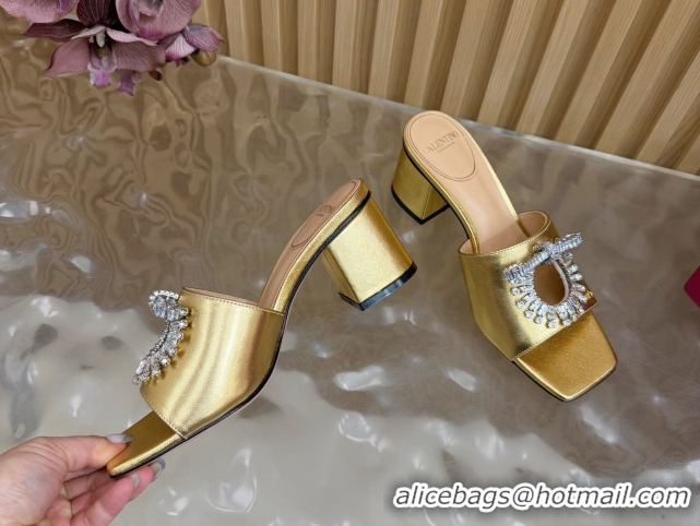 Charming Valentino Strass Embellished Heel Slides Sandal 6cm in Calfskin Leather Gold VLTN121509 51215125
